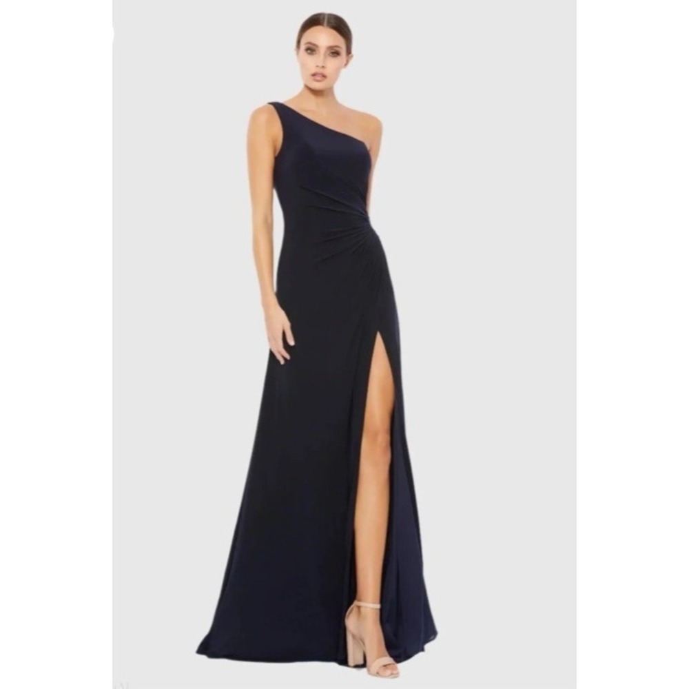IEENA FOR MAC DUGGAL Size 10 Navy One Shoulder‎ Ruched Jersey Evening Gown 26163